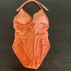 Bleu Rod Beattie orange one piece swimsuit halter braided tie padded bust